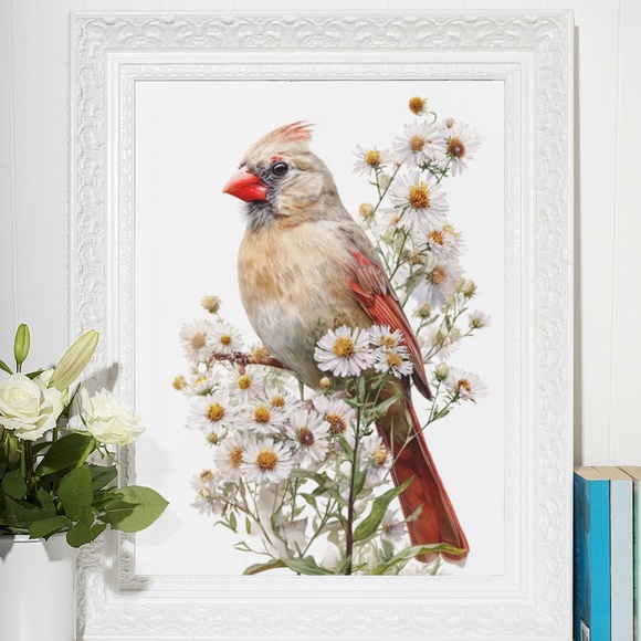 Watercolor Female Cardinal Bird with Flowers Wall Art Print Unframed - Picture 6 of 6